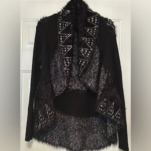 Sioni Black & Gray Open Front Textured Cardigan Fuzzy Knit SZ MED Wool Blend